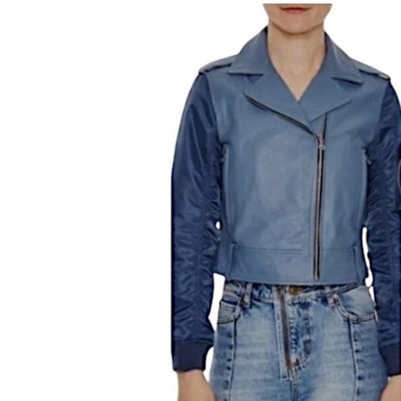 SANDRO Blue Ruched Shell-Paneled Sleeves Leather Goat Biker Jacket - Picture 2 of 16